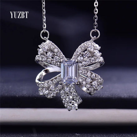 Silver 925 Original Total 1 Carat Emerald Cut Diamond Test Past D Color Moissanite Bowknot Pendant Necklace Gemstone Jewelry