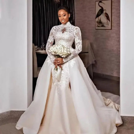 2025 New Lace a Line Wedding Dresses Beaded High Neck Plus Size Bridal Gowns With Detachable Train Long Sleeves Tulle Vestido