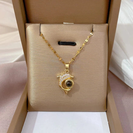 Fashion Cute Dolphin Necklace for Female Stainless Steel Chain 100 Languages I Love You Projection Necklace for Girlfriend