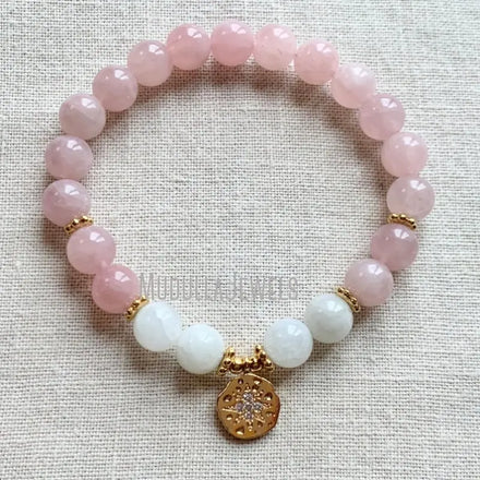 WMB44256 Natural Rose Quartz Moonstone Stretch Bracelet Gold Plated North Star Charm Delicate Boho Yoga Jewelry Gift For Her