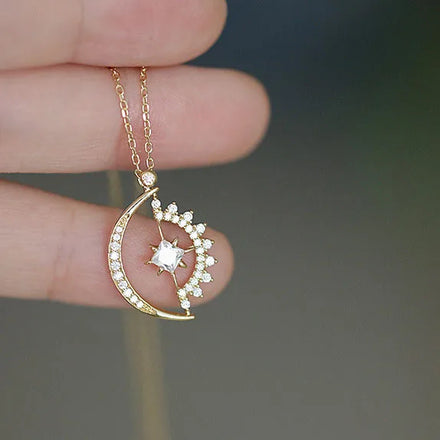 Creative Luxury 925 Sterling Silver Clavicle Chain with CZ Zircon Rotatable Geometric Moon Pendant Necklace for Weddings
