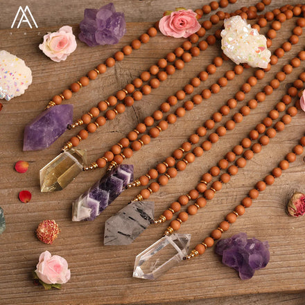 Classic Gold Plated Crystal Mala Necklace with Sandalwood Beads Healing Quartz Double Point Pendant for Wedding & Party Gifts