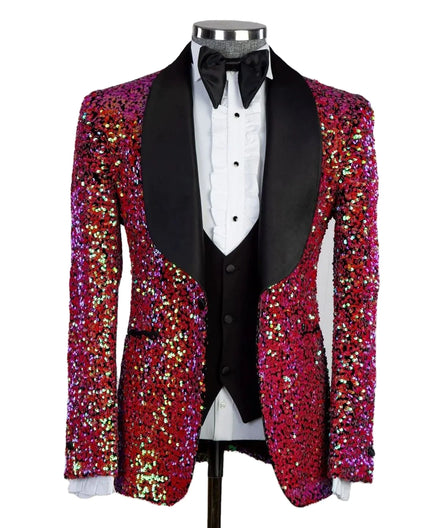 Sparkly Sequined Men Tuxedos Set Slim Fit 3 Pieces Single Breasted Shawl Lapel Outfits Wedding Tuxedos Black Pants