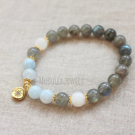 WMB44263 Natural Labradorite Beaded Stretch Bracelet Gold Plated Star Charm Healing Crystal Yoga Jewelry for Women