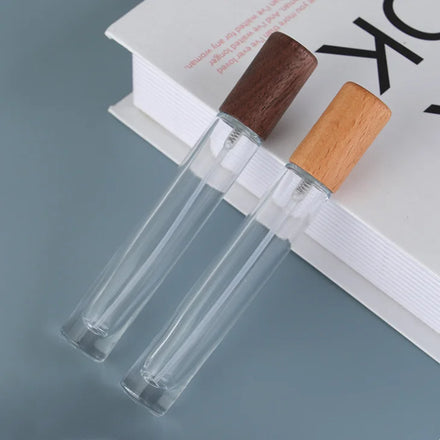 Wholesale Wood Cover Screw Neck Cosmetic Packaging 10ml Round square Perfume Glass Spray Bottle
