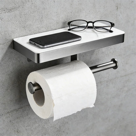 Modern Stainless Steel Double Toilet Paper Holder with Phone Shelf Wall-Mounted Black Bathroom Accessories SUS304