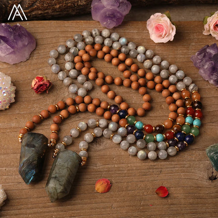 Classic Style Flash Labradorite Mala Necklace 7 Chakra Stone Beads Gold Plated Energy Jewelry for Yoga Wedding Gifts