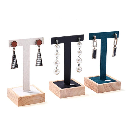Good Quality T Bar Earrings Wood Base Velvet Leather Jewelry Earring Display Holder Stand Organizer