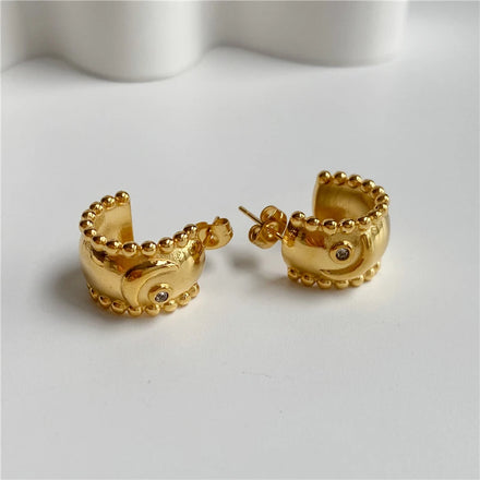 Fenny 18K Gold-plated Fashion Two Row Gold Bead Single Zircon Hoop Earring Wholesale Stainless Steel Trendy Jewelry