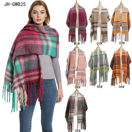 Landfond Accessory Women Soft Scarf Fashion Winter Checkered Fringe Scarves