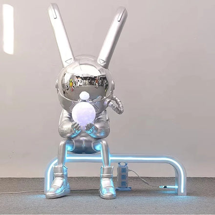 Landscape Resin Animal Statue Electroplated Silver Space Rabbit Sculpture Fiberglass Figure Props