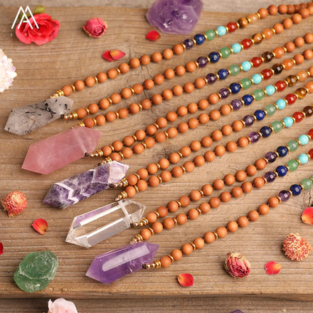 Classic Sandalwood Beads Mala Necklace with Reiki Chakra Healing Crystal Double Point Pendant for Yoga Weddings Parties Gifts