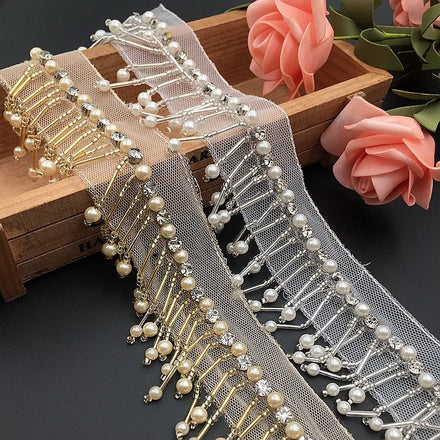 White/blacl/gold Fabric Handmade Sewing Craft Material Cloth Pearl Beaded Lace Ribbon Tape Trim