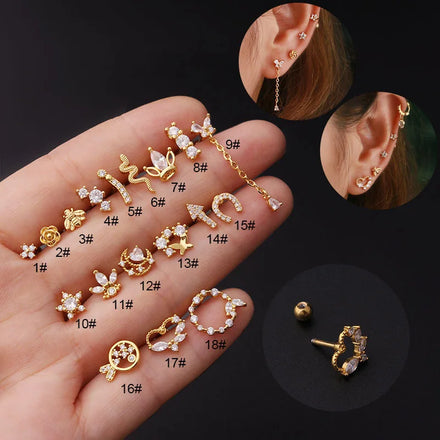 Mini Zircon Cross Ear Piercing Earring for Women Stainless Steel Cartilage Tragus Piercing Stud Earring Girls Jewelry