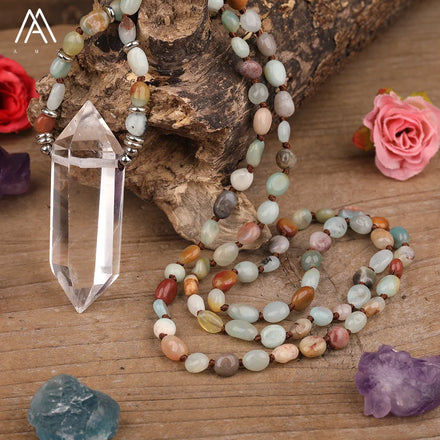 Amazonite Necklace healing Crystal Double Point Pendant Chip Beads Chakra Necklace
