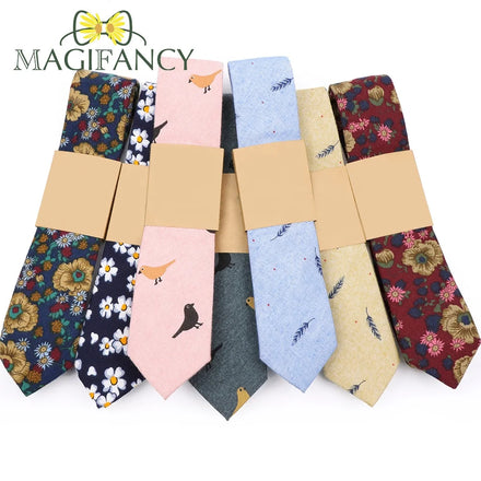 Vintage Floral Lovely Cartoon Birds Print Cotton 6cm Tie Men Skinny Red Blue Black Pink Wedding Party Suit Cravat Gift Accessory