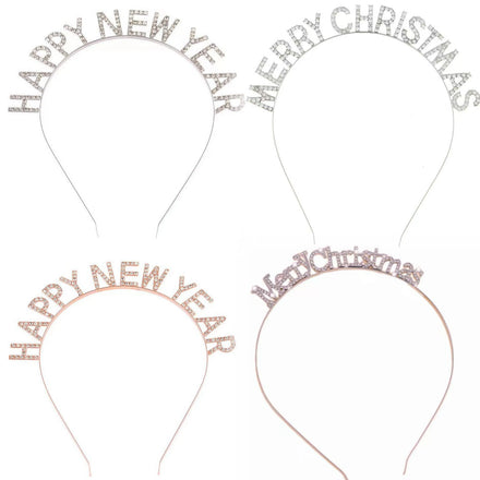 Letters Happy New Year Diamond Headbands Metal Girl Christmas Diamond Tiara Headpiece