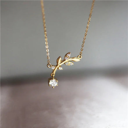 Hot Sale Gold Plated Pure 925 Sterling Silver Clavicle Chain Zircon Olive Leaf Pendant Necklace for Women Jewelry