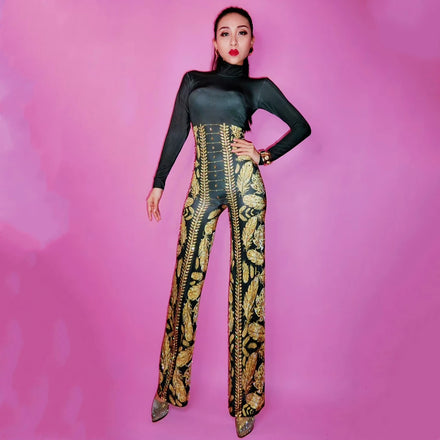 Mono Mujer Sexy Long Sleeve Leaves Crystal Leotard Bodycon Romper One Piece Spandex Bodysuit Party Club Wide Leg Jumpsuit Women