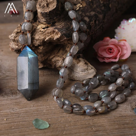 Healing Labradorite Chip Beads Mala Necklace Double Point Labradorite Pendant Necklace Jewelry