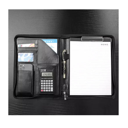 A4 Pu Leather Zippered Pad Folio Mens Resume Office Stationery Files and Folders Trading Small Card Binder Portfolio Organizer