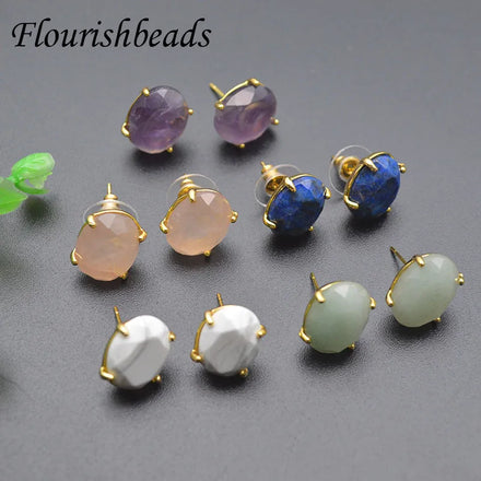 18K Gold Plated Natural Energy Stone Jade Lapis Rose Quartz Faceted Oval Stud Earrings for Woman Girl Gift