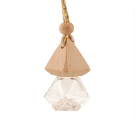 In Stock 8ml Rhombic Shape Glass Hanging Car Perfume Bottle with Trigonal Wooden Cap for Automobile Decoration