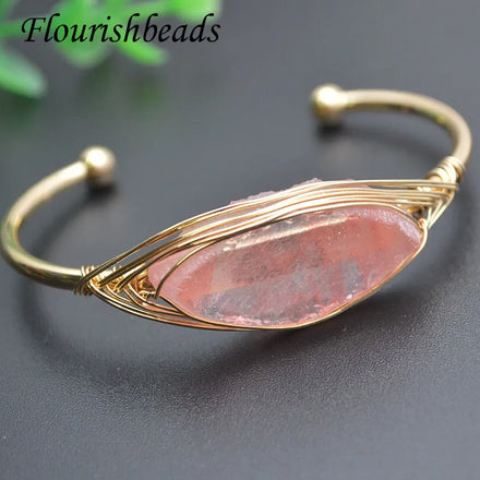 18K Gold Plated Natural Rough Stone Lemon Quartz Fluorite Wire Wrapped Adjustable Gemstone Open Bangles for Women