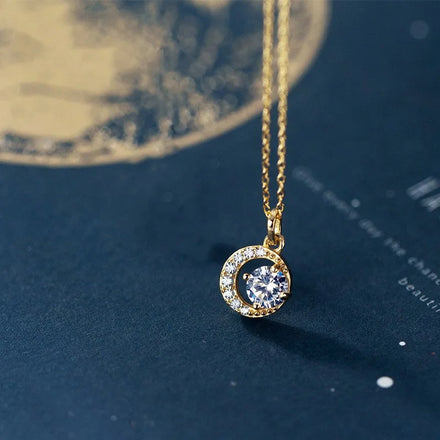 S925 Sterling Silver Exquisite Round CZ Stone Crescent Pendant Sweet Collarbone Necklace Women Jewelry
