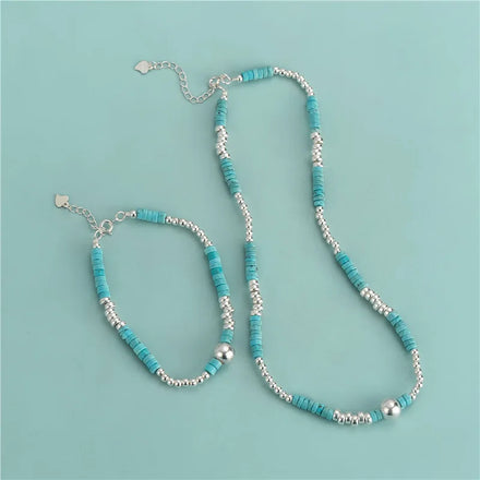 Fashion Retro 925 Sterling Silver Round Beads Natural Turquoise Beaded Bracelets Necklace Set for Holiday Gifts