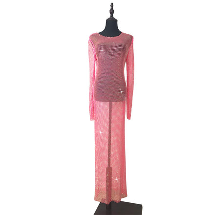 V106 Floor-Length Solid Satin Woven Long Sleeve Sexy See Through Bling Rhinestones Crystal Mesh Ladies Dress
