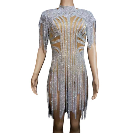Mono Mujer Sexy Rhinestone Tassel One Piece Short Jumpsuit Female Dance Leotard Stripper Dancewear Women Stage Bodycon Bodysuits