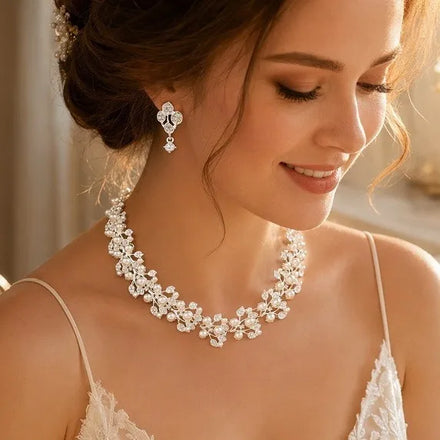Fashion Temperament Jewelry Necklace Earring Bride Dress Accessories Crystal Rhinestone Leaf Pearl Necklace Earring Sets