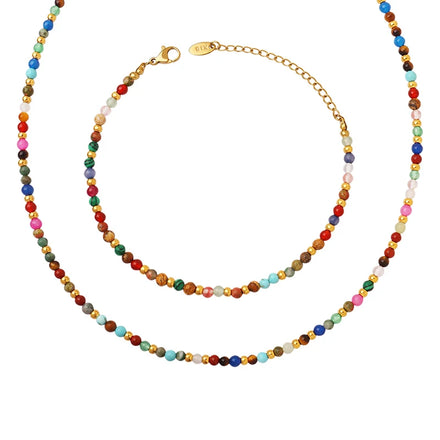 Best Selling 14K Gold Plated Classic Bohemian Colorful Natural Stone Fashion Necklace Stainless Steel Jewelry Set for Women