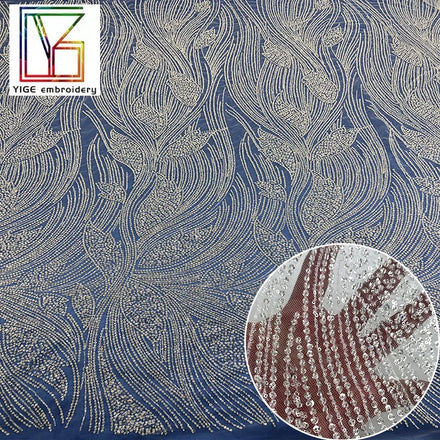 Luxury High Density Beaded Sequin Embroidery Tulle Lace Fabric French Wedding Bridal Net Women Lace Fabric for Evening Dress