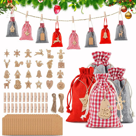 Advent Calendar Bag for Filling 24 Christmas Felt Bags and Numbers Wooden Pendants for Kids Children's Christmas Gift Bags