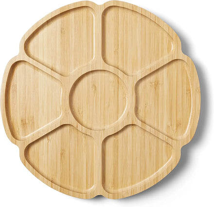 Custom Bamboo Round 7 Compartment Divided Serving Tray with Custom Logo Snack Fruit Plate Country Style Wood 100pcs MOQ