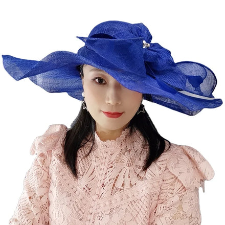 Cloche Bowler Formal Hat Wedding Hats Fancy Ladies Big long Brim Sinamay Church Hats for Elegant Fancy Women With Flower on Side