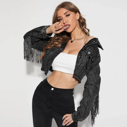 2025 Hot Selling Custom Women Denim Jacket Fashion Tassel Splicing Worn New Short Style Wedding Denim Coat