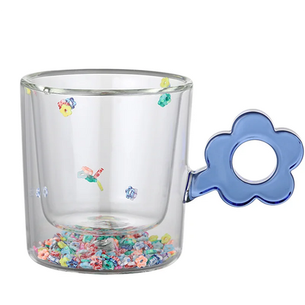 Flower Glittered Double Wall Glass Mug Thickened Handle Beautiful and Firm Glass Mugulation