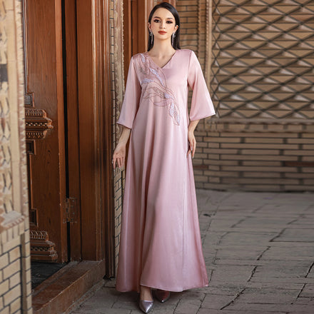 Luxury Diamond Muslim Robe Floral Printed Islamic Dress Women Party Wedding Evening Gown