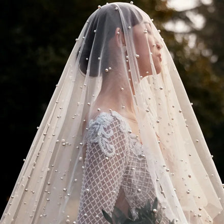 French Wedding Bride Mantilla Veil for Catholic Pearl Hair Accessories Headdress Plain Yarn Long Cathedral Wedding Bridal Veils
