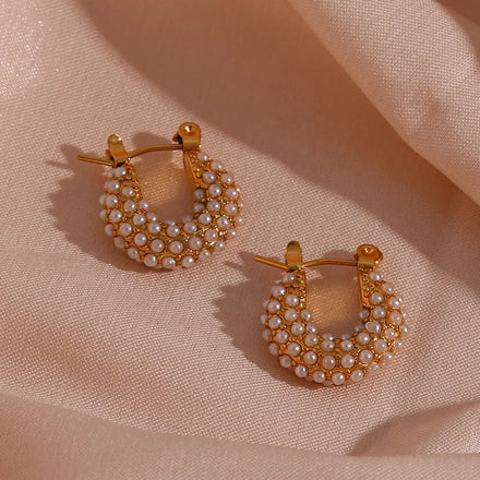 Dreamshow Elegant Pearl Hoop Earring 18K Gold Plated Stainless Steel Hoop Earring Tarnish Free Bridal Earrings