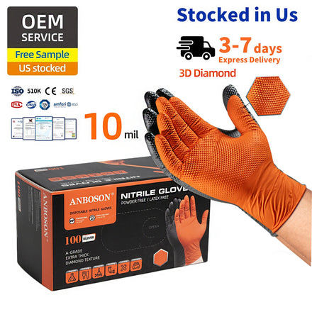 Anboson Factory Wholesale Orange Nitrile Glove Diamond Dotted Duty Powder Free Black Disposable Nitrile Gloves