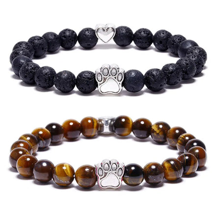 8mm Colorful Natural Stone Beads Bracelets Dog Cat Footprint Paw Charms Bracelet Pet Lovers Elastic Rope Jewelry Religious Round