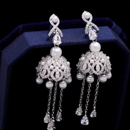 Wholesale S925 Silver Needle Earrings Tassel Zircon Earrings Pearl Bell Earrings Women