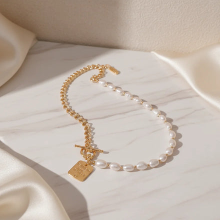New Women's Gold Plated Coin Collar Chain 7-8MM Natural Baroque Freshwater Pearl Necklace Cuban Chain Trendy Luxury Pearls
