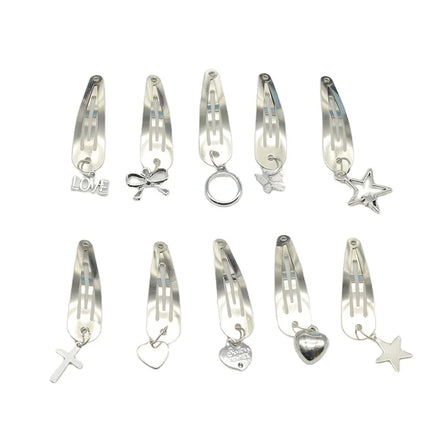 Silver Metal Hair Clips with Star Bows Pendants Heart Hairpins for Womens Cute Love Words Hair Barrettes
