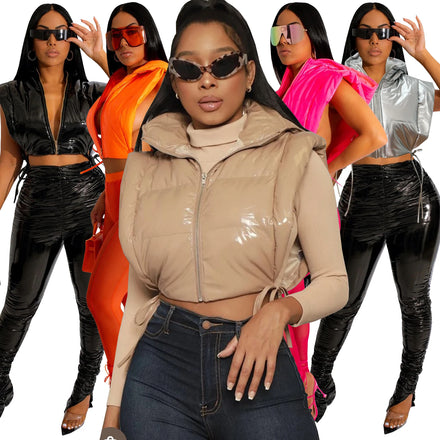 Winter Women Hooded Warm Sleeveless Bomber Jacket Puffer Bubble Cropped Vest Coats With Hood Down Vest Jacket