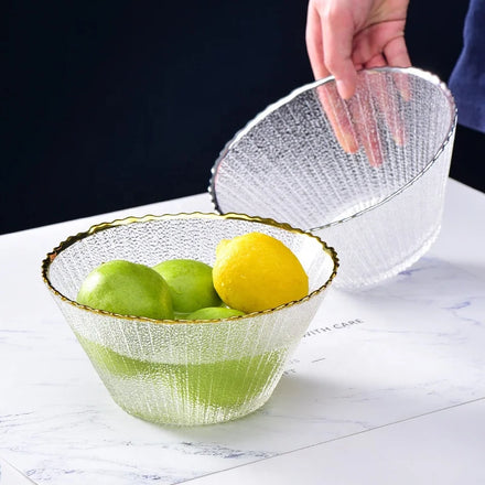 Large Size Dessert Noodle Bowl Vertical Striped Transparent Vegetable Fruit Plate Gold Rim Silver Rim Embossed Glass Salad Bowls